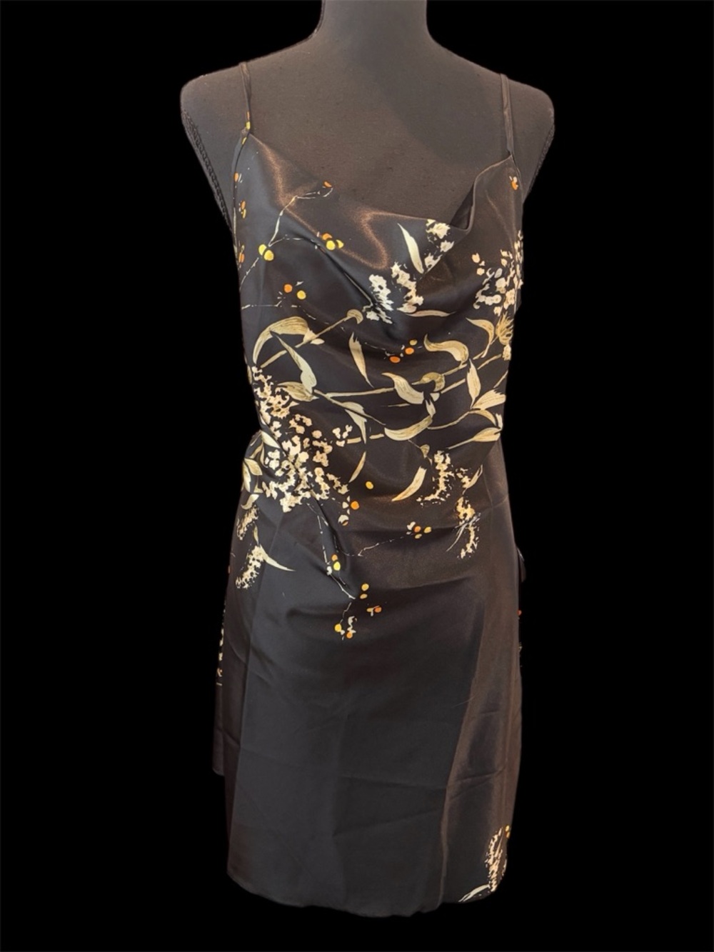 Black Floral Slip Dress with Gold & Ivory Accents